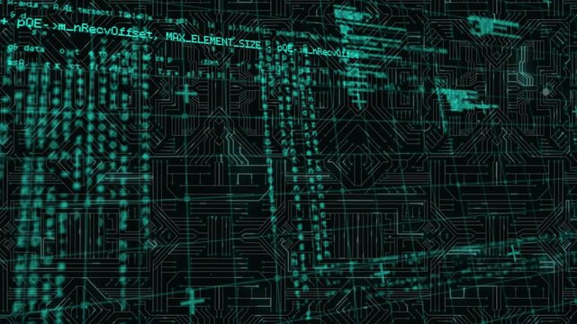 Opening circuit grid sliding lines then cascading teal code streams for data flow visualization