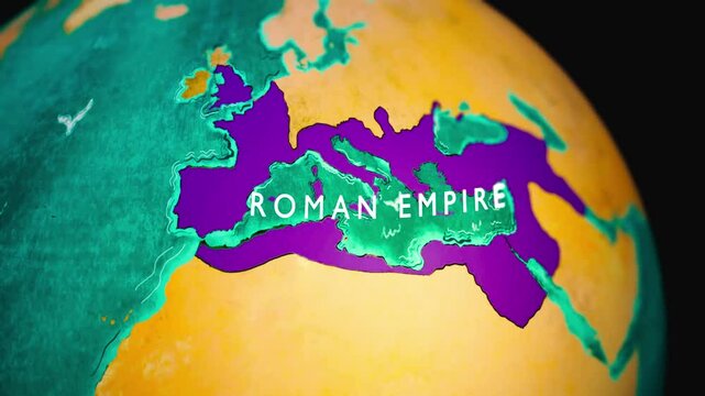 Map of the Great Roman Empire 3d animation. Roman Empire boundaries around 117 AD. 3D rotating old historic world map.