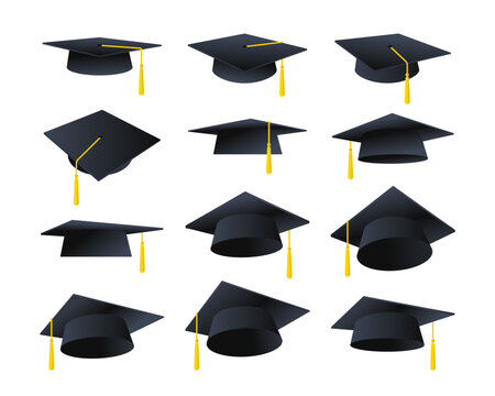 Graduation hats and toga caps vector set at university, high school, college, student class, degree ceremony or party