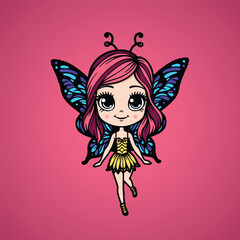Cute Cartoon Fairy Girl with Blue Butterfly Wings – Vector Illustration.