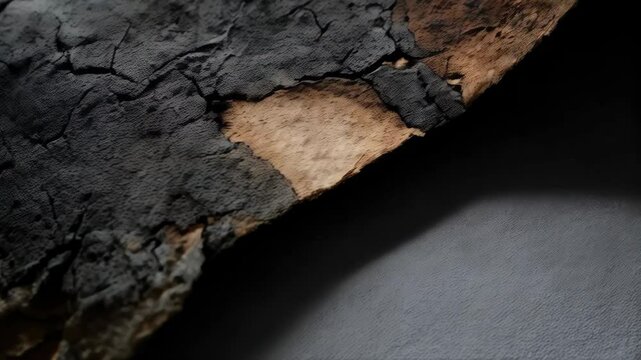 Close-up of a textured, charred paper with visible cracks, highlighting the details and patterns of burnt, brittle surface against a dark background.