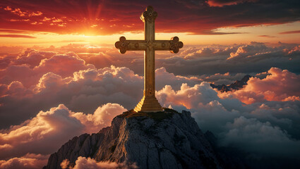 Golden cross standing majestically on top of a big mountain under the sunlight 