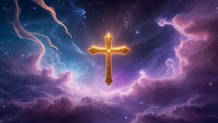 Mysterious golden cross floating inside a nebula in deep space