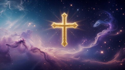 Mysterious golden cross floating inside a nebula in deep space
