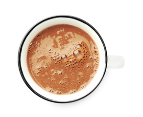 Tasty chocolate milk in cup isolated on white, top view