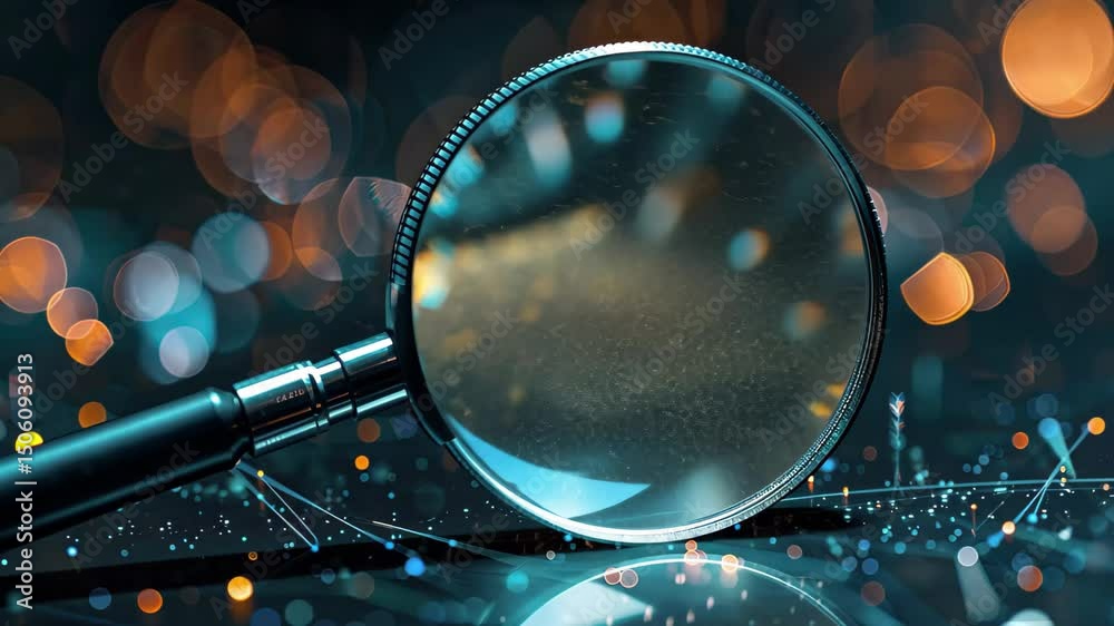 Poster examining intricate details with a magnifying glass over illuminated surfaces in soft focus at night