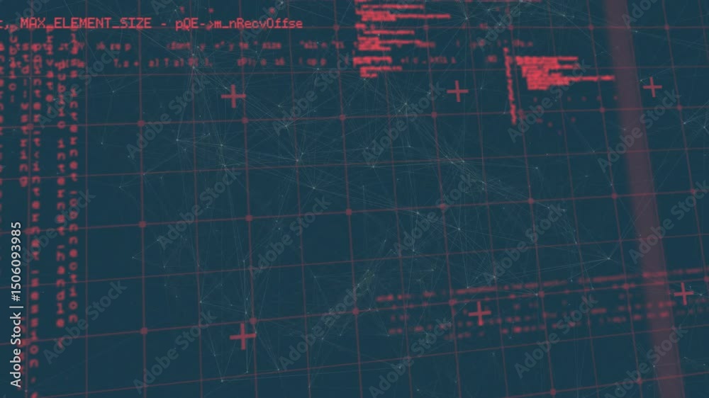 Poster magenta grid opening triggers code appearing scrolling and vanishing with particles showing data