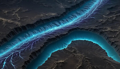 Dark matter rivers flowing through radiant crystal valleys carved by solar wind and stellar tide.