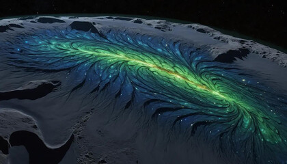 Dark matter rivers flowing through radiant crystal valleys carved by solar wind and stellar tide.