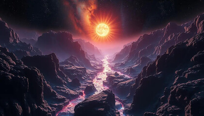 Dark matter rivers flowing through radiant crystal valleys carved by solar wind and stellar tide.