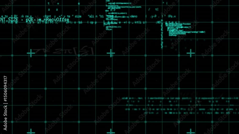 Aufkleber floating code fragments appearing on teal grid sliding left and fading, emphasizing function block