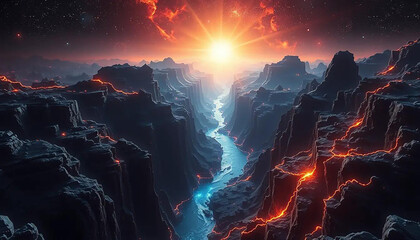 Dark matter rivers flowing through radiant crystal valleys carved by solar wind and stellar tide.
