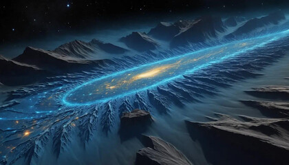 Dark matter rivers flowing through radiant crystal valleys carved by solar wind and stellar tide.