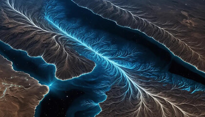 Dark matter rivers flowing through radiant crystal valleys carved by solar wind and stellar tide.