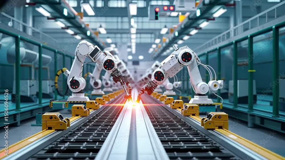Leinwandbilder Robotic arms working together on an automated production line in a modern factory setting with bright lighting and precision technology