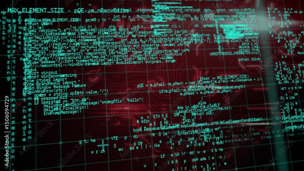 Poster teal grid starting code scrolling, clustering, spreading, fading into trails showing data flow