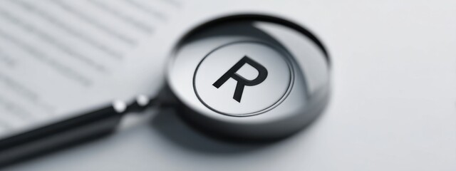 Close-up examination of a magnifying glass highlighting a registered trademark symbol on a document
