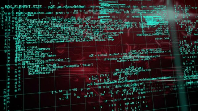 Teal grid starting code scrolling, clustering, spreading, fading into trails showing data flow