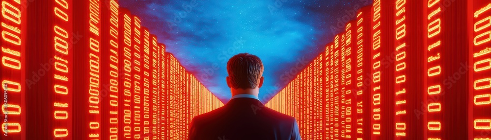 Poster man in suit staring at matrix of red binary code in a futuristic digital landscape under a bright bl