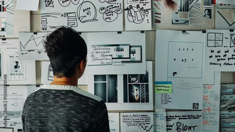 Poster creative professional analyzing design concepts on a wall covered with sketches, charts, and notes i