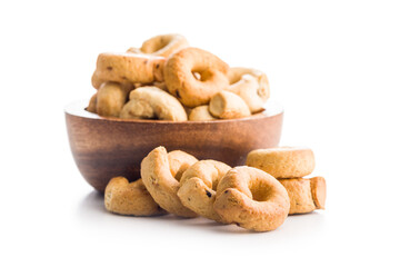 Salted crispy snack rings isolated on white background.