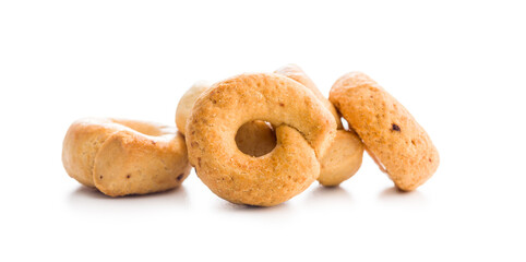 Salted crispy snack rings isolated on white background.