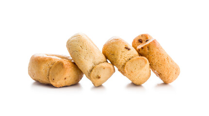 Salted crispy snack rings isolated on white background.