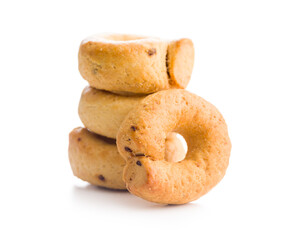 Salted crispy snack rings isolated on white background.