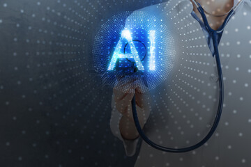 Doctor touching with stethoscope virtual screen against dark background, closeup. Artificial...