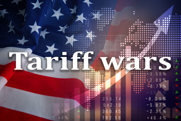 Tariff wars. National flag of America, world map, graph and arrow. Double exposure