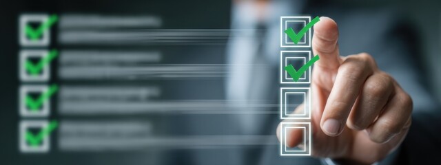 Digital Checklists for efficient business management, Businessman touching marking on checklist guide to paperless assessment and Future Success, Streamlining operations with online surveys. 