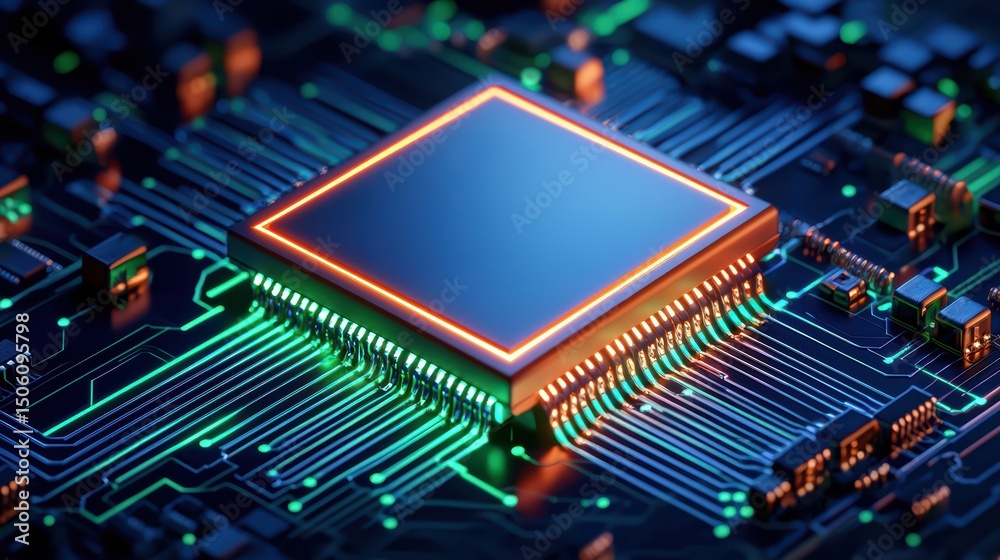 Poster close-up view of a microprocessor on a circuit board with vibrant led lights and intricate connectio