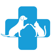 Hand drawn illustration of dog and cat with medical cross on white background
