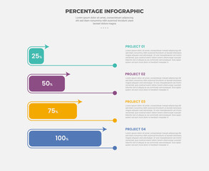 percentage or percent infographic outline style with 4 point template with round rectangle shape with arrow line progress on stacked list for slide presentation