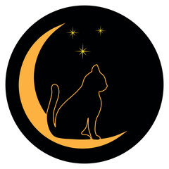 Illustration of a silhouette of a cat on the moon with stars on a white background