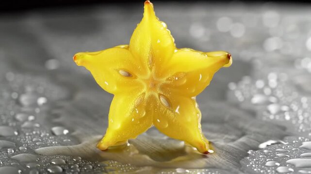 Exotic Carambola: Refreshing Star Fruit in Water Droplets Close Up