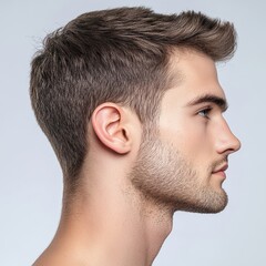 Fototapeta premium Stylish Male Profile Portrait with Short Hair and Smooth Skin Against Light Background