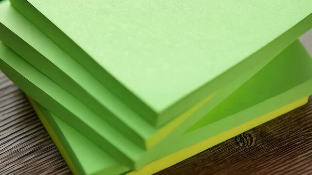Stack of green and yellow sticky notes lying on a textured wooden table, office supplies for taking notes or making reminders