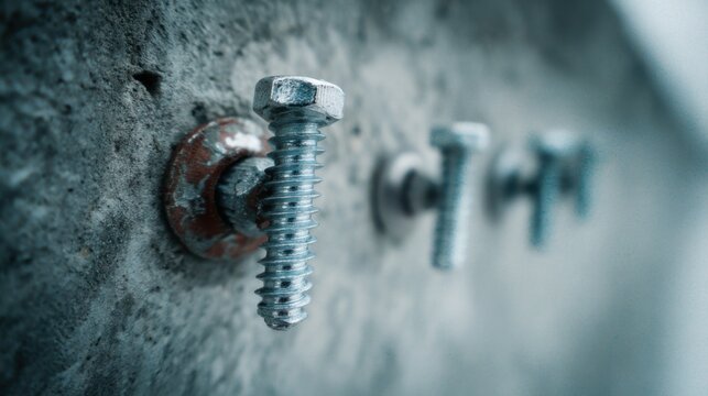 Metal screws fixed into a concrete surface in a construction site during daylight hours