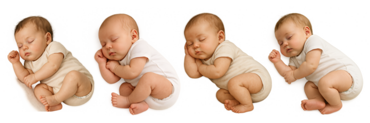 Four Sleeping Newborn Babies in Different Colored Outfits on a Black Background