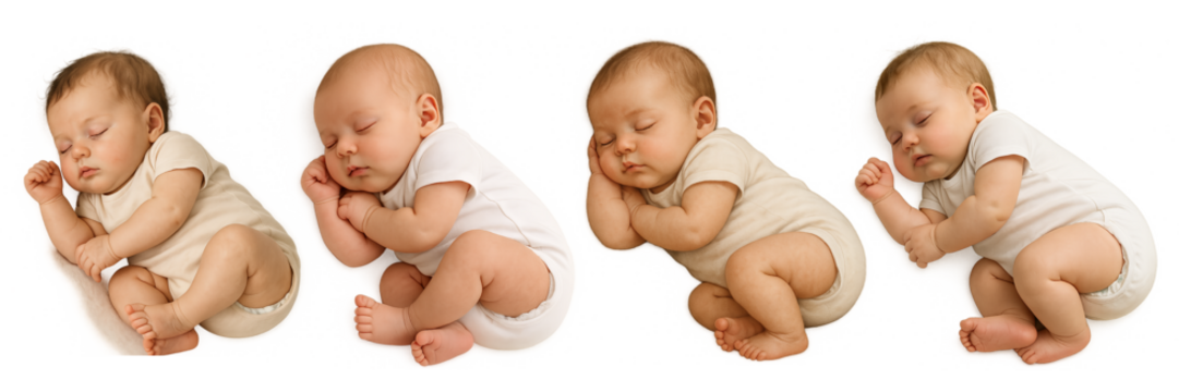 Four Sleeping Newborn Babies in Different Colored Outfits on a Black Background