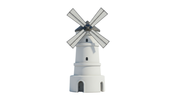 Isolated Classic Windmill Structure Against White Background for Sustainable Energy