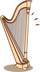 Vector illustration of a classical harp on white background. Perfect for music-related projects, classical compositions, spirituality, elegance, serenity, and ancient or orchestral instrument themes.