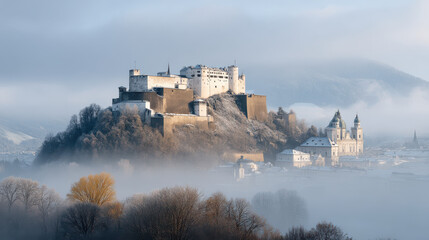 Naklejka premium stunning view of hohensalzburg fortress iconic symbol of salzburg set against light background