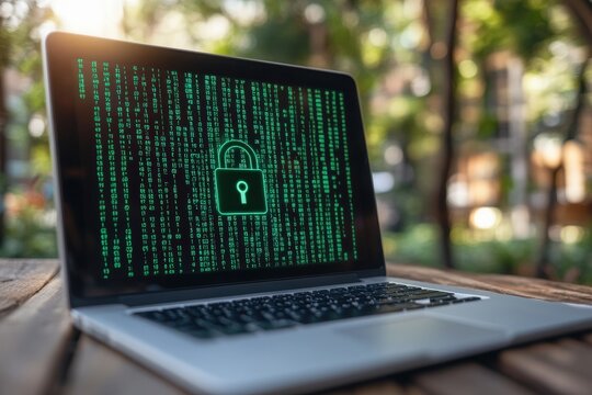 Laptop displaying digital security lock icon on screen with green binary code in background, symbolizing cybersecurity and data protection in modern technology environment - Powered by Adobe