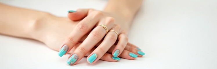 Woman hands with trendy turquoise manicure with golden rings. Stylish nail design with gel polish. Fashionable accessory, spring summer design, spa treatment, nail art, beauty, care.