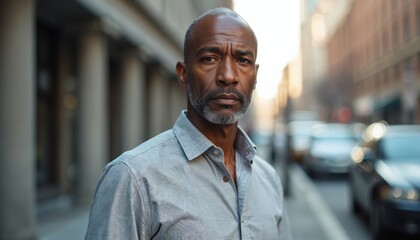 Close-up portrait middle-aged African American man in city. Mature entrepreneur, serious face, looking at camera. Businessman outdoors, urban setting, successful pro, career, employee.
