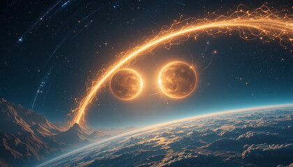 Twin suns pirouetting in a stellar ballet, flaring golden arcs across sapphire planetary skies