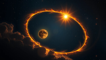 Twin suns pirouetting in a stellar ballet, flaring golden arcs across sapphire planetary skies