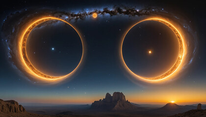 Twin suns pirouetting in a stellar ballet, flaring golden arcs across sapphire planetary skies